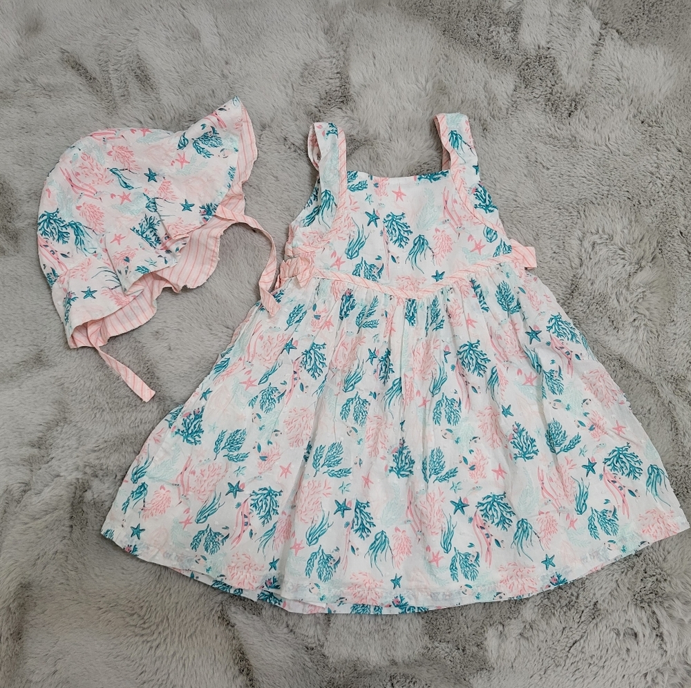 Catherine Malandrino Sealife Print Baby Girl Sundress With Matching Hat
